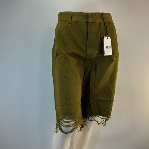 SERRA BY JOIE RUCKER The Ballest Distressed Twill Bermuda Shorts In Olive Oil - Picture 2 of 5